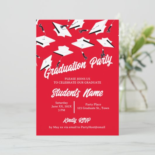 卒業式キャップ赤と白フォトグラードパーティー 招待状 (スタンド正面)