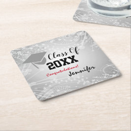 卒業式キャップ20XX年級パーティーシルバー スクエアペーパーコースター