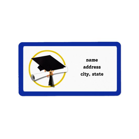 卒業式キャップ（ディプロマ付き） – 濃い青の背景 ラベル (正面)