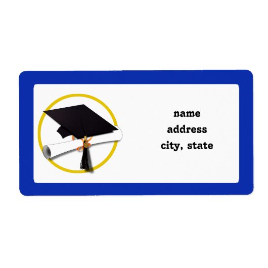 卒業式キャップ（ディプロマ付き） – 濃い青の背景 ラベル (正面)