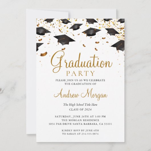 卒業式キャップ&金ゴールド紙吹雪大学院写真卒業 招待状 (裏面)