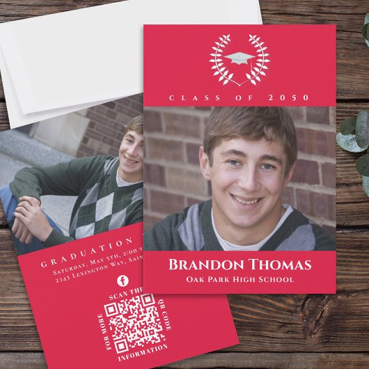 卒業式クラシックフォトクリムゾンレッドローレル葉 招待状