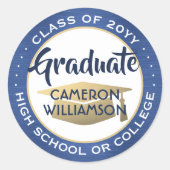 卒業式クラス年、ブラッシュブルーと金ゴールド モダン ラウンドシール (正面)