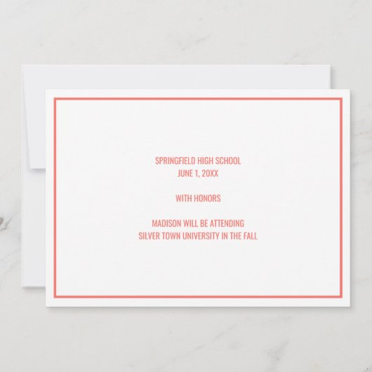 卒業式コーラルピンクシンプル色の白いオーバーレイフォト 案内状 (裏面)