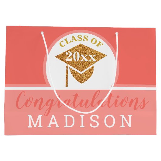 卒業式コーラルピンク金ゴールドシックパーソナライズされた ラージペーパーバッグ (裏面)