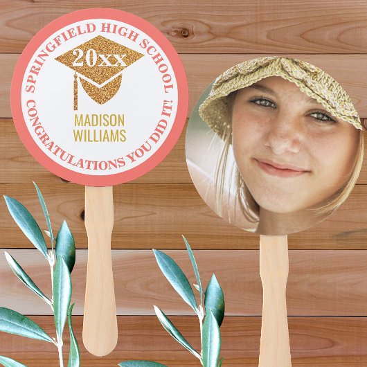 卒業式コーラルピンク金ゴールド写真おめでとう ハンドファン