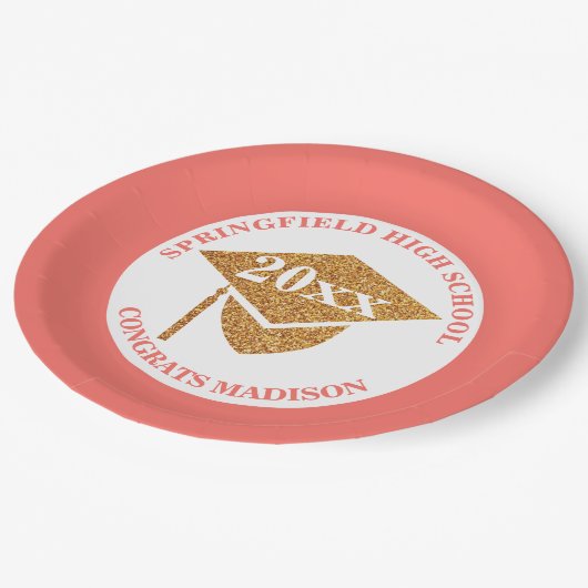 卒業式コーラルピンク金ゴールド装飾パーティー ペーパープレート (アングル)
