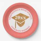 卒業式コーラルピンク金ゴールド装飾パーティー ペーパープレート (正面)
