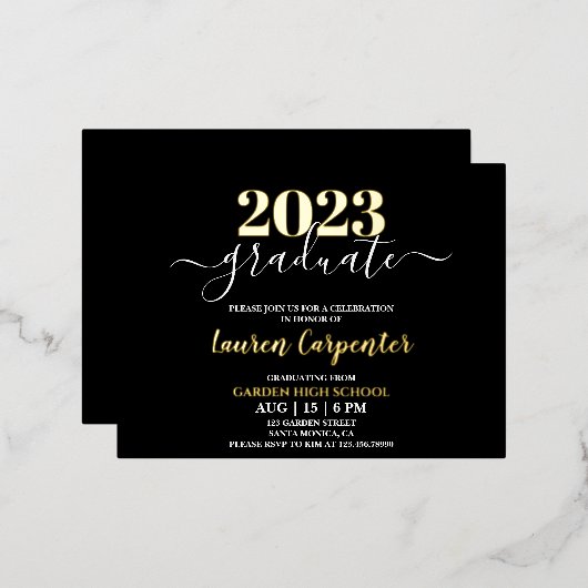 卒業式ゴールドフォイルの招待状 箔招待状ポストカード (正面/裏面)