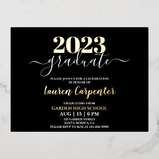 卒業式ゴールドフォイルの招待状 箔招待状ポストカード (正面)