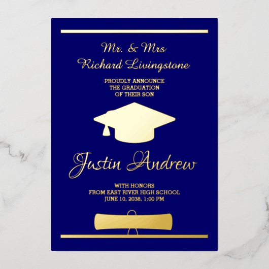 卒業式ゴールドフォイルブルー発表カード 箔招待状 (正面)