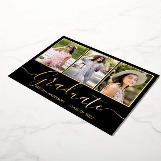 卒業式ゴールドフォイル3写真発表カード 箔招待状 (回転した状態)