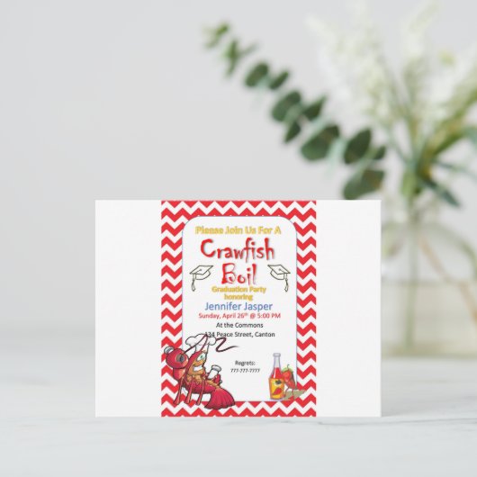 卒業式ザリガニ煮沸パーティの招待状 インビテーションポストカード (スタンド正面)