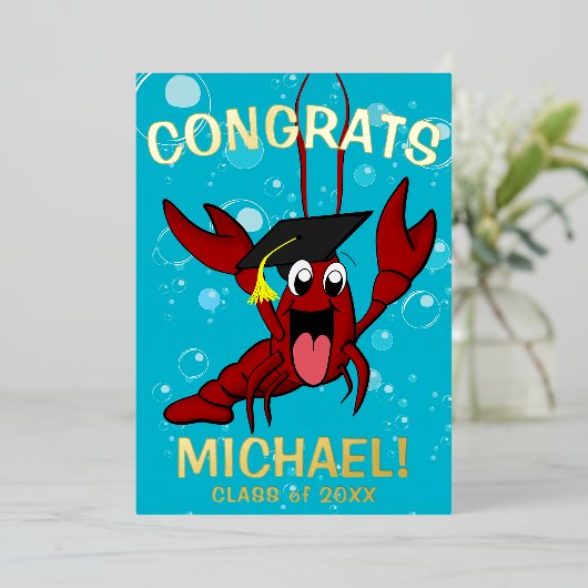 卒業式ザリガニ煮沸ロブスター魚介類パーティー 箔招待状 (立ち正面)