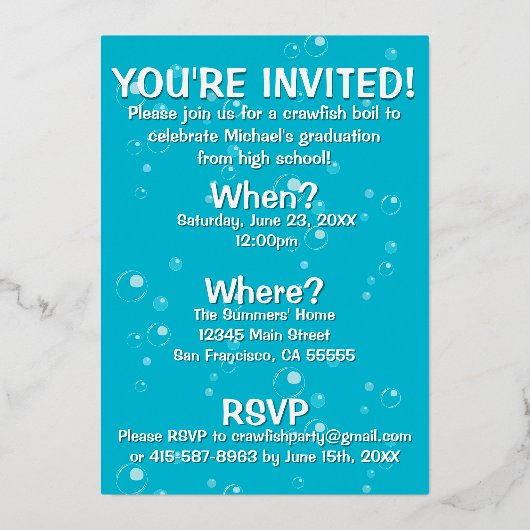 卒業式ザリガニ煮沸ロブスター魚介類パーティー 箔招待状 (裏面)