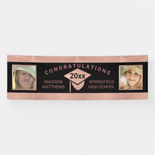 卒業式シックバラ金ゴールドおめでとう写真 横断幕 (横)