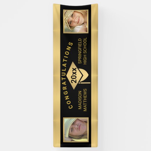 卒業式シック金ゴールドおめでとう写真 横断幕 (縦)