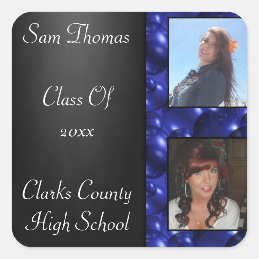 卒業式シャルボード2枚の写真ブルーガラスバブル スクエアシール (正面)