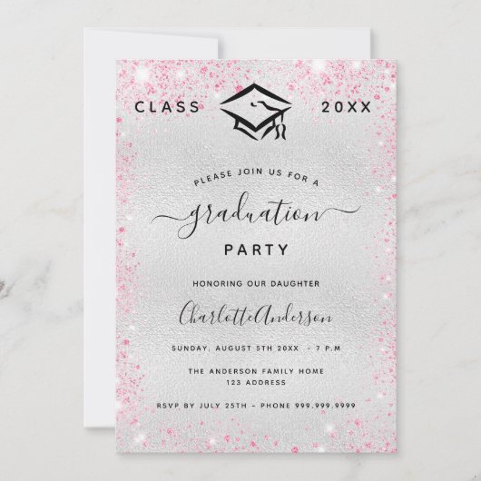 卒業式シルバーピンクグリッター モダン 招待状 (正面)