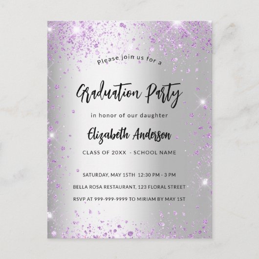 卒業式スミレ紫のキラキラ インビテーションポストカード (正面)