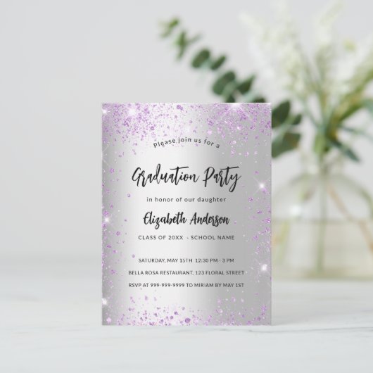 卒業式スミレ紫のキラキラ インビテーションポストカード (スタンド正面)