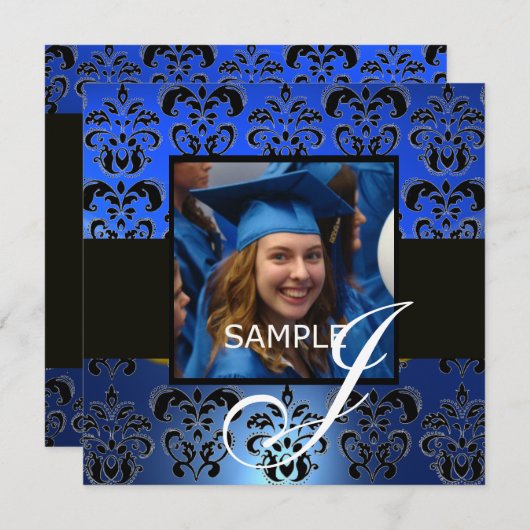 卒業式ダマスクモノグラム、ブルーホワイトブラック 招待状 (正面/裏面)