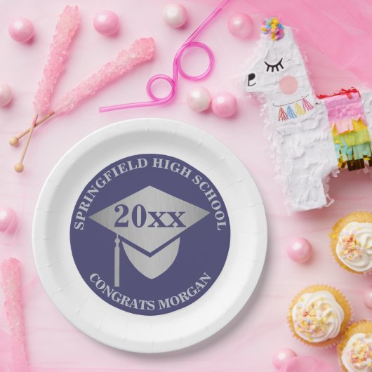 卒業式ネイビーブルーシルバー装飾パーティー ペーパープレート (パーティー)
