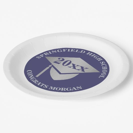 卒業式ネイビーブルーシルバー装飾パーティー ペーパープレート (アングル)