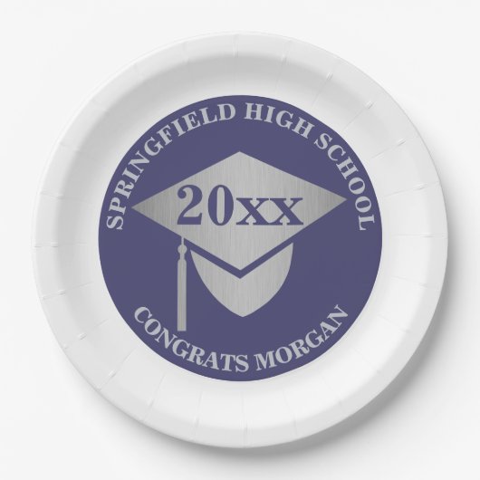 卒業式ネイビーブルーシルバー装飾パーティー ペーパープレート (正面)