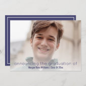 卒業式ネイビーブルーシンプルホワイトオーバーレイ写真 案内状 (正面/裏面)