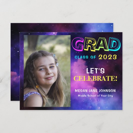 卒業式ネオングロー中学校の卒業写真 インビテーションポストカード (正面/裏面)