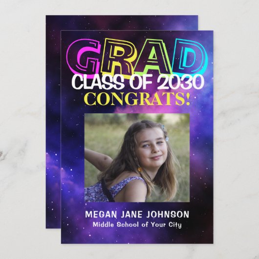 卒業式ネオングロー中学校の卒業写真 案内状 (正面/裏面)