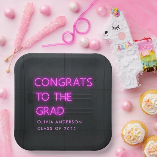 卒業式ネオンピンクタイポグラフィモダンおめでとう ペーパープレート (パーティー)