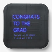 卒業式ネオンブルータイポグラフィモダンおめでとう ペーパープレート (正面)