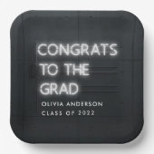 卒業式ネオンホワイトタイポグラフィモダンおめでとう ペーパープレート (正面)