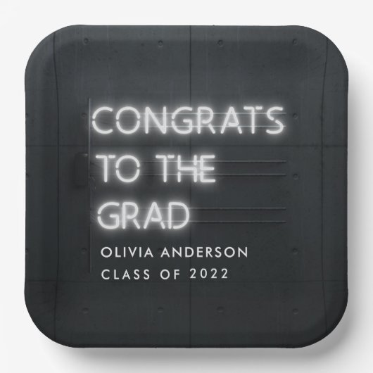 卒業式ネオンホワイトタイポグラフィモダンおめでとう ペーパープレート (正面)