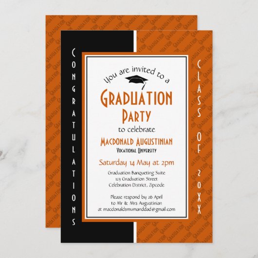 卒業式パーソナライズされたオレンジブラック 招待状 (正面/裏面)