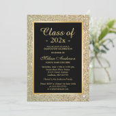 卒業式パーティトレンディー金ゴールドグリッタースパークル 招待状 (スタンド正面)