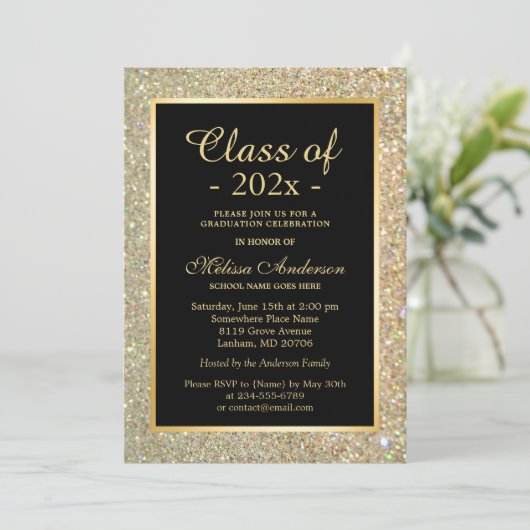 卒業式パーティトレンディー金ゴールドグリッタースパークル 招待状 (スタンド正面)