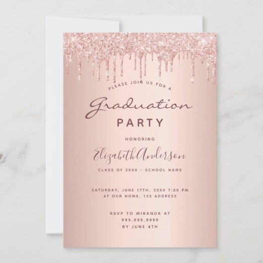 卒業式パーティバラ金ゴールドグリッターの乾燥 招待状 (正面)