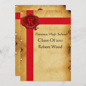卒業式パーティパーチメント、レッドワックスシールモノグラム 招待状 (正面/裏面)