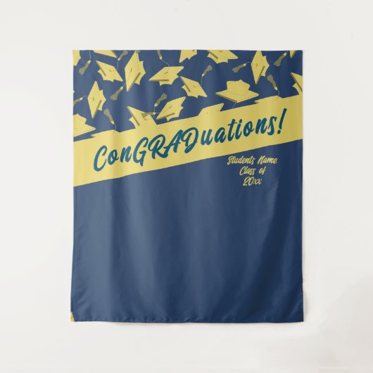 卒業式パーティフォトブースブルー金ゴールドモルタルボード タペストリー (正面)