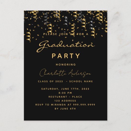 卒業式パーティブラック金ゴールドストリーマー インビテーションポストカード (正面)