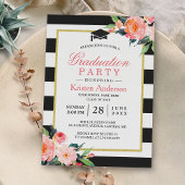 卒業式パーティモダンフローラブラックストライプ 招待状