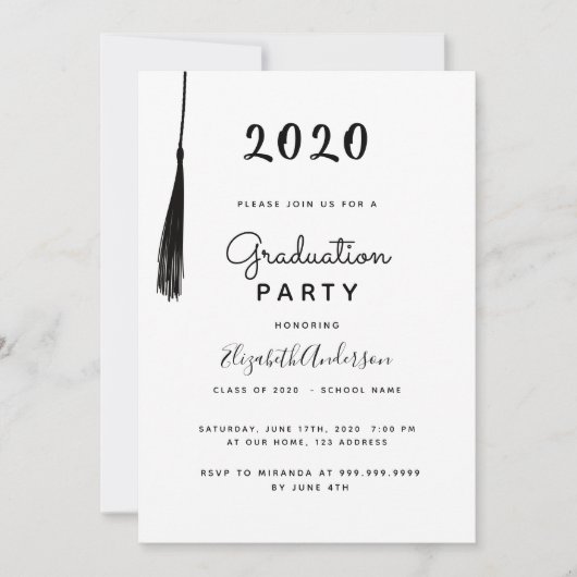 卒業式パーティモダン白黒タッセル 招待状 (正面)