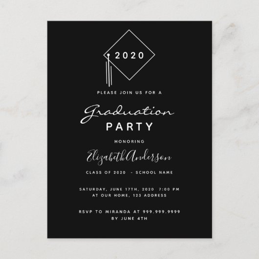 卒業式パーティモダン白黒招待 ポストカード (正面)
