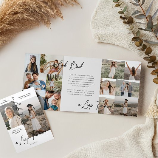 卒業式パーティーその後と今の卒業写真コラージュ 三つ折り案内状