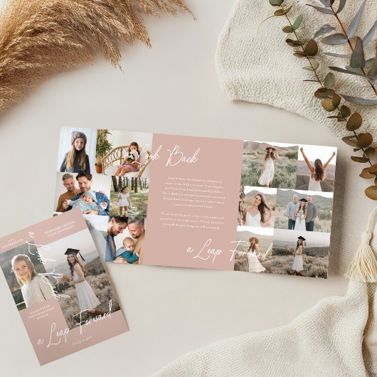 卒業式パーティーその後と今の卒業写真コラージュ 三つ折り案内状