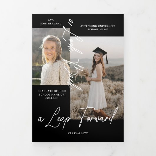 卒業式パーティーその後と今の卒業写真コラージュ 三つ折り案内状 (カバー)