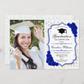 卒業式パーティーと写真王室の- Blue White 招待状 (正面/裏面)